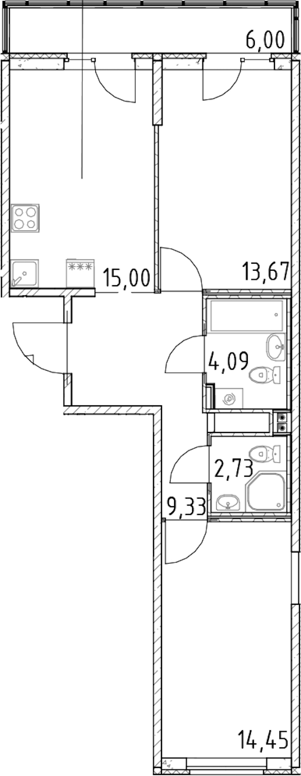 2-комнатная квартира 59.27 м², 22/23 эт., ЖК «Город Первых»